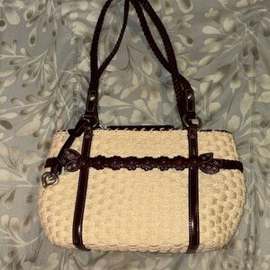 Excellent Condition Brighton Woven Tan Bag with Brown Leather Braided Handles